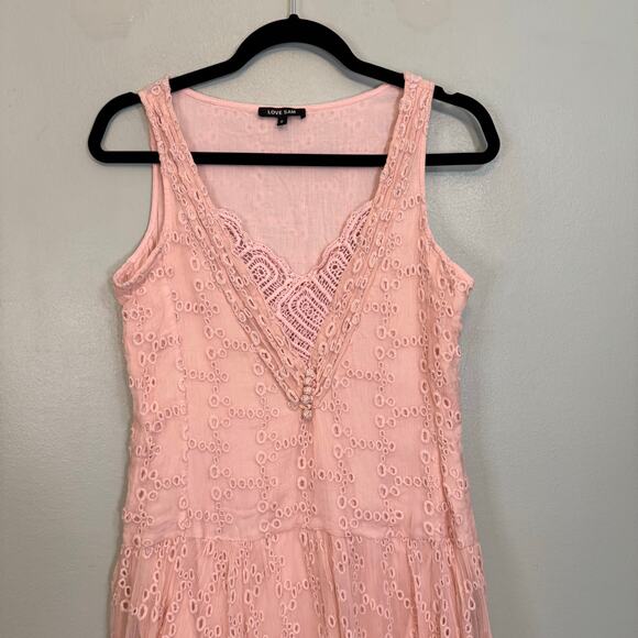 Love Sam Asymmetric Dress S Pink Eyelet V Neck Sleeveless Boho Cottage Crochet - Picture 3 of 9